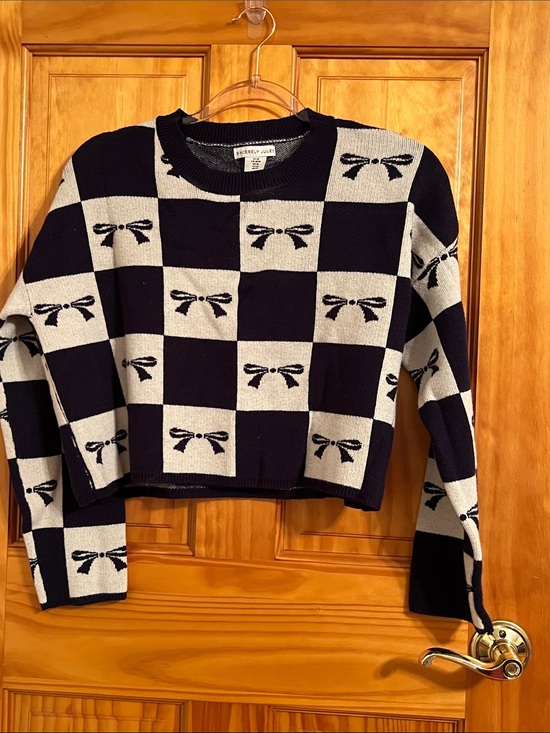 Sincerly Jules Sweaters - Sincerely Jules Black and Cream Checkerboard Bow Crewneck Sweater